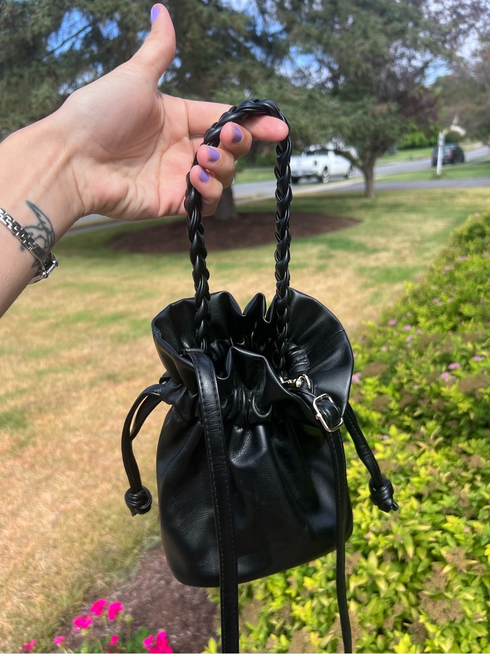 NWT Black Drawstring Bucket Crossbody Bag with Braided Top Handle